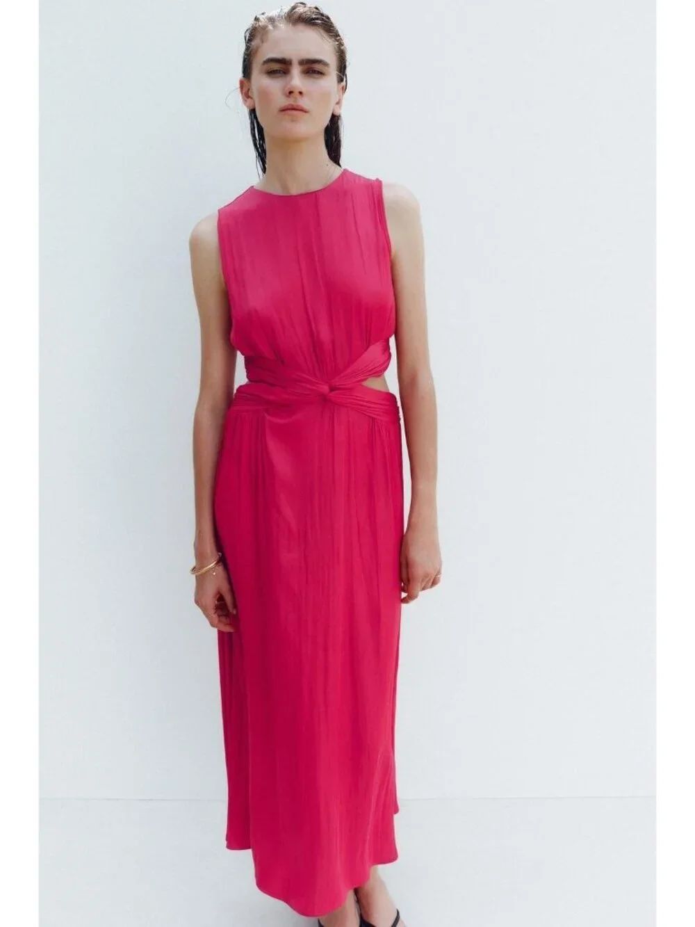 Zara Womens Satin Midi Dress with Cutouts Size XS Pink Sleeveless 8351/221 NWT